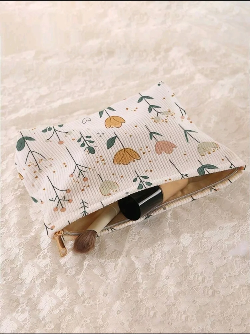 Floral Print Cotton Pouch - White with Green & Yellow Accents